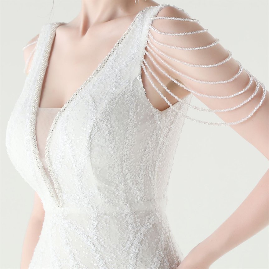 Fashion Crystal Beads with Splits Tail Evening Gown (White) (Made To Order)