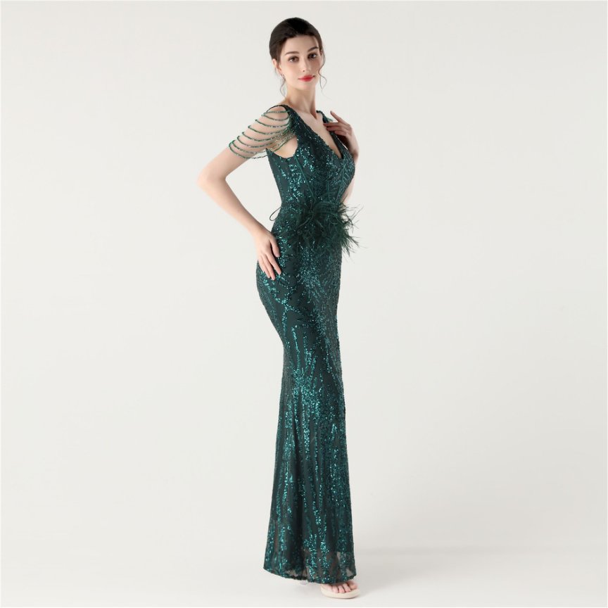 Glamour Sequin Feather Waist & Beaded Shoulder Chains Evening Gown (Green) (Made To Order)