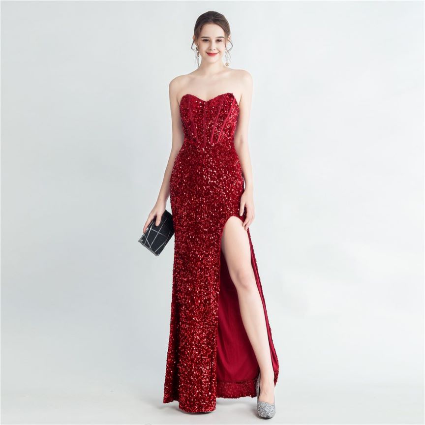 Strapless Corset Sequins with High Slit (Red) (Made To Order)