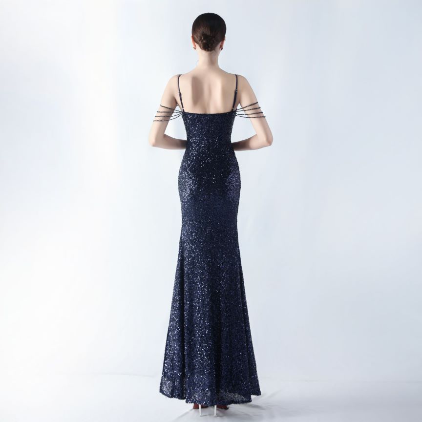 Spaghetti Padded Sequins Slit Gown (Navy Blue) (Made To Order)
