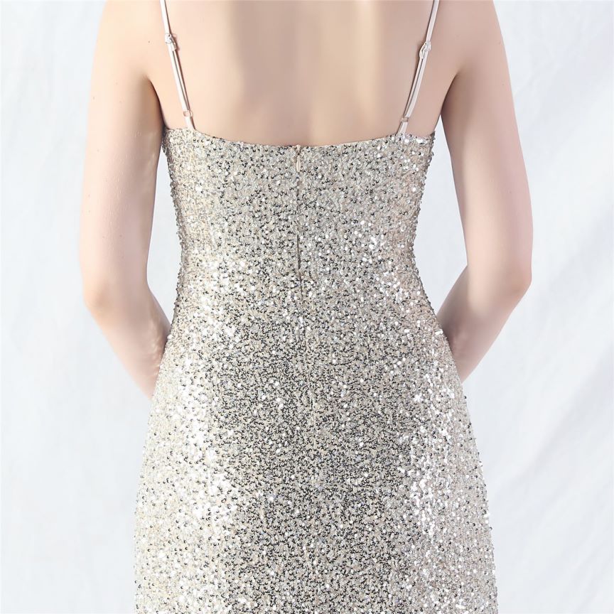 Elegant Stretch Spaghetti Sequins A-Line Evening Gown (Silver) (Made To Order)