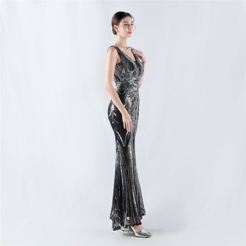 Gorgeous Back Crystal Beads Sequins Mermaid Cape Skirt Gown (Black Silver) (Made To Order)