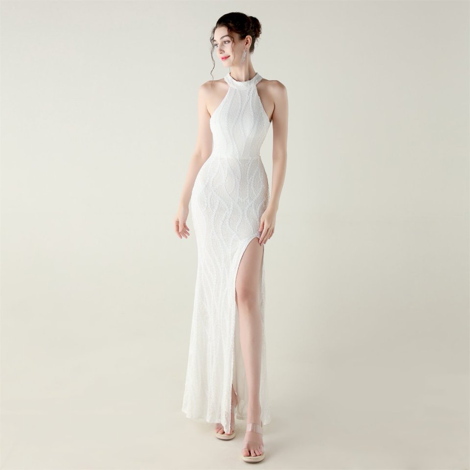 Halter Neck Sequins Backless Fitted Evening Gown (White) (Made To Order)