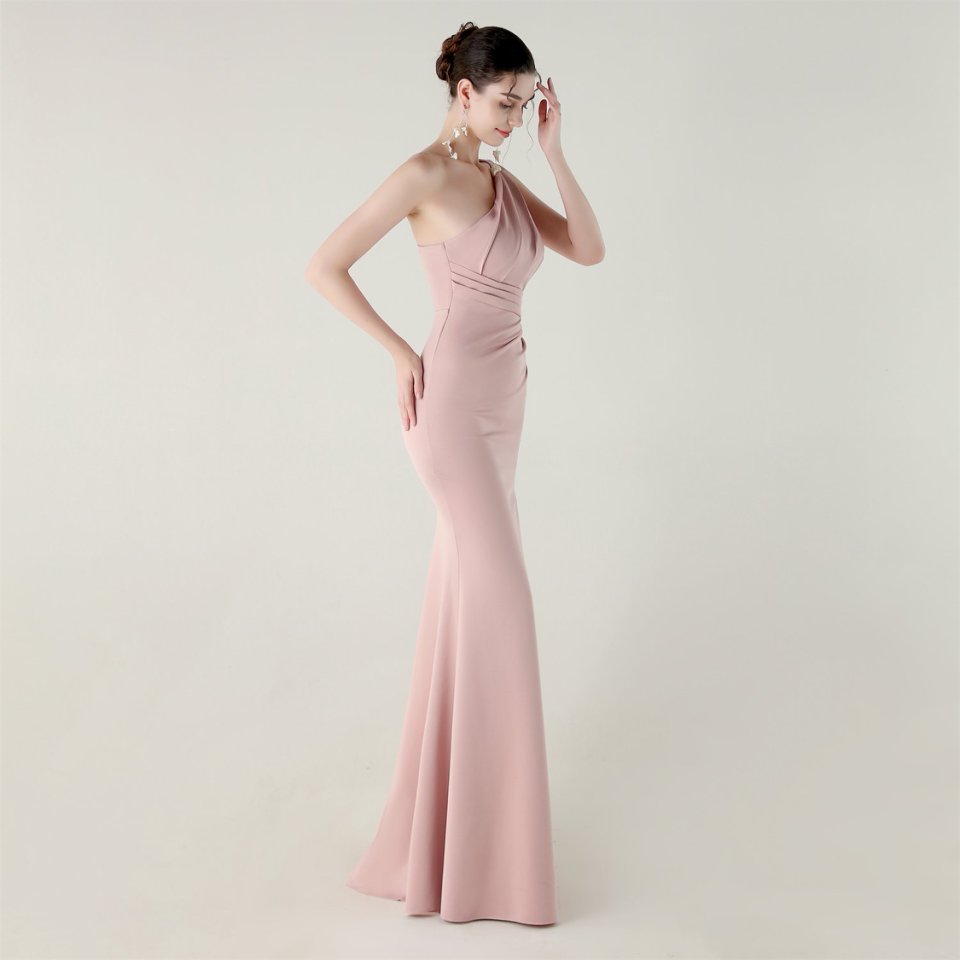 One Side Shoulder Pleated Evening Gown (Pink) (Made To Order)