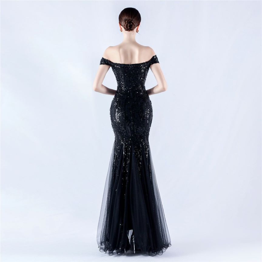 Off Shoulder Sequins Tulle Evening Gown (Black) (Made To Order)