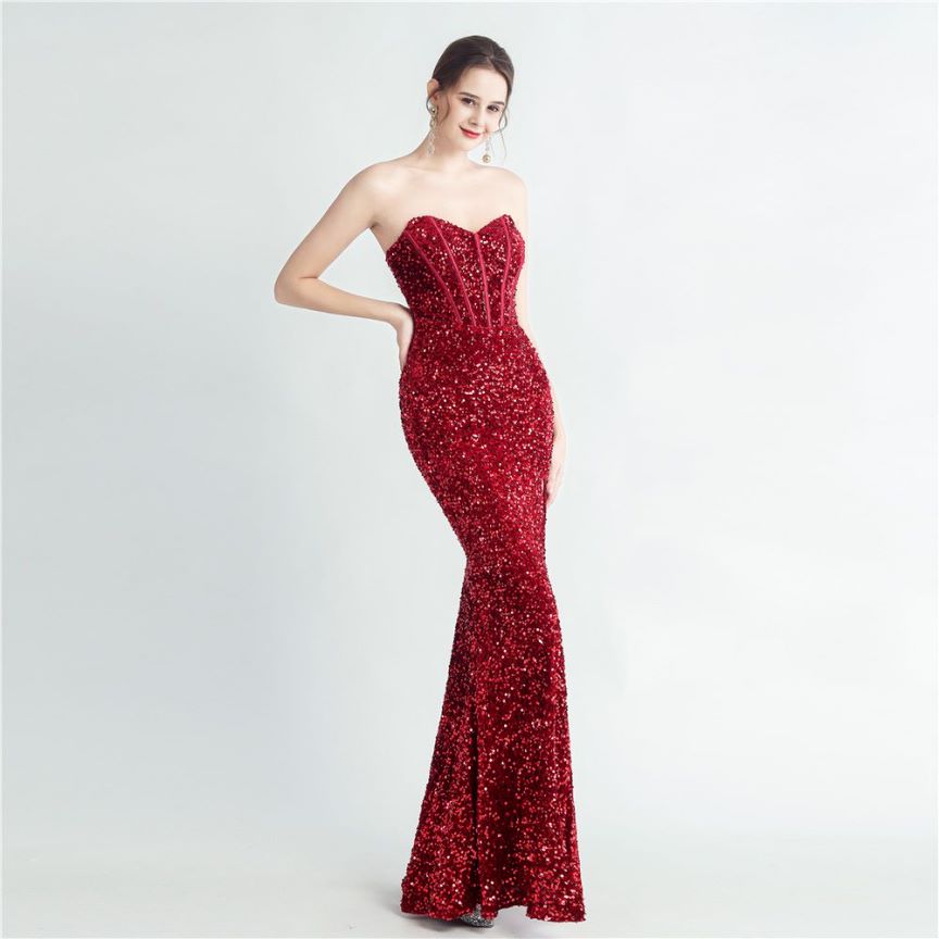 Strapless Corset Sequins with High Slit (Red) (Made To Order)