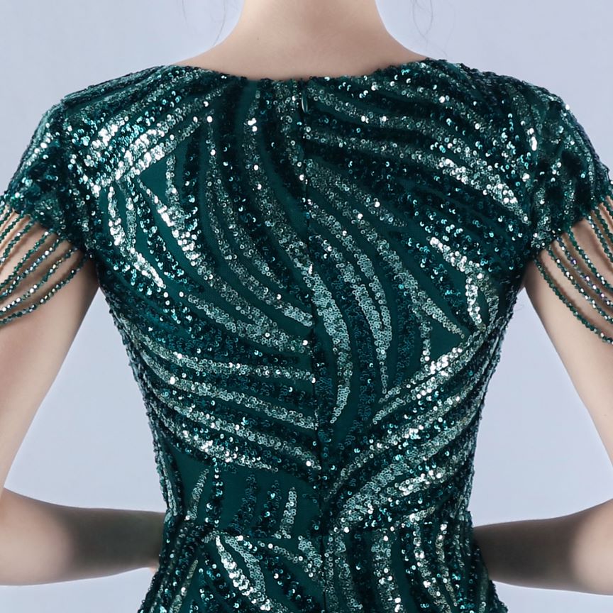 Sleeve Beads Sequins with A Line Evening Gown (Green) (Made To Order)