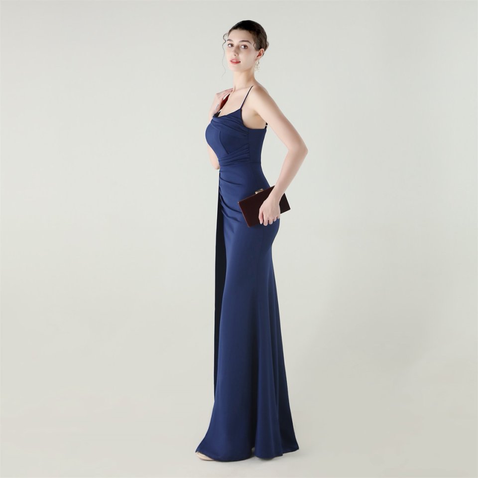 Spaghetti Pleated Waist Evening Gown (Navy Blue) (Made To Order)