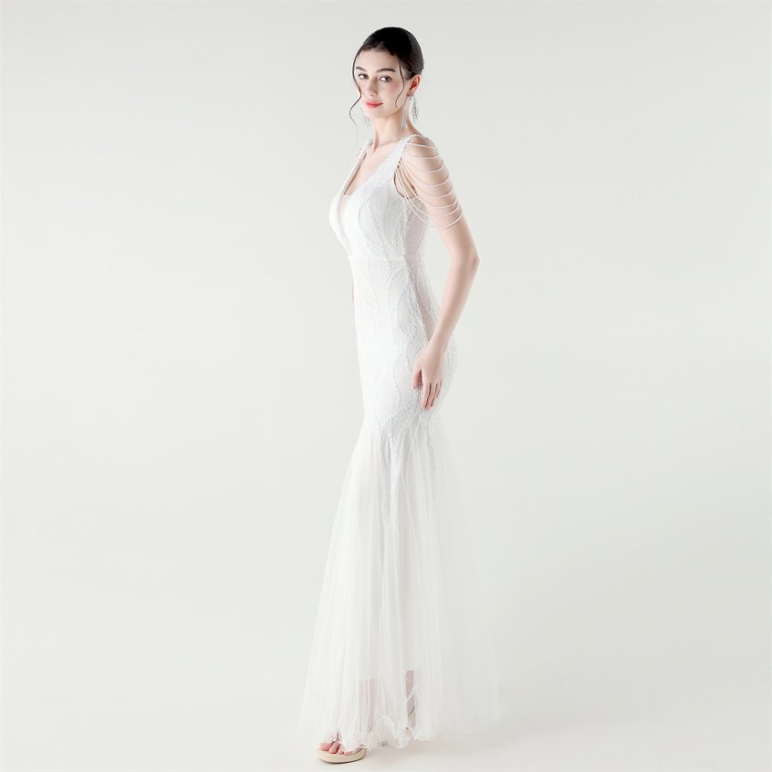 Fashion Crystal Beads with Splits Tail Evening Gown (White) (Made To Order)