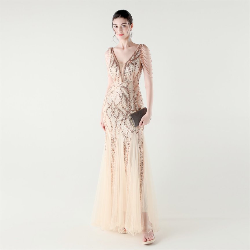Fashion Crystal Beads with Splits Tail Evening Gown (Rose Gold) (Made To Order)