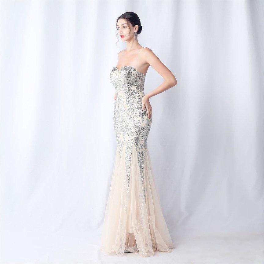 Strapless Sequins Frills Evening Gown (Silver) (Made To Order)