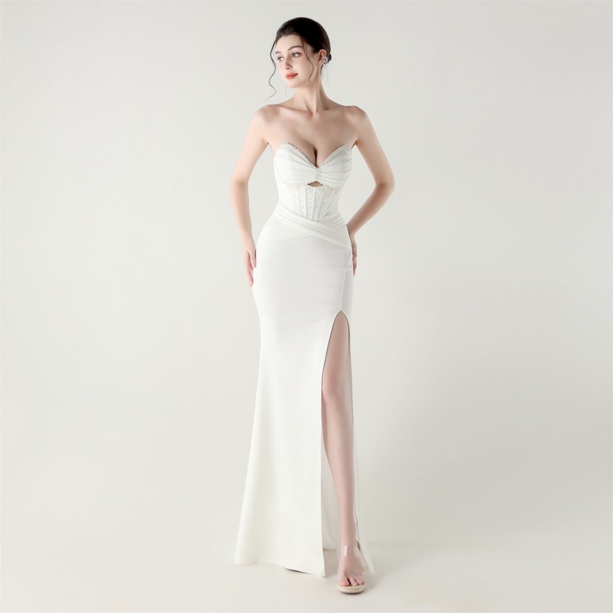Strapless Rhine Stones Pleated Corset Evening Gown (White) (Made To Order)