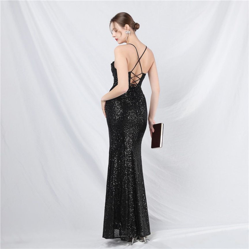Sequins Back Cross with Overlap Slit Evening Gown (Black) (Made To Order)