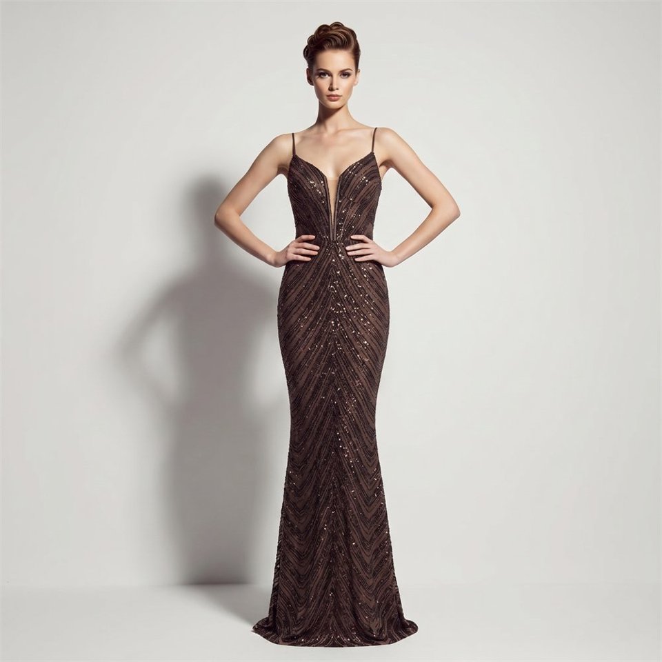 Deep V-Neck Sequin Evening Dress (Coffee) (Made To Order)
