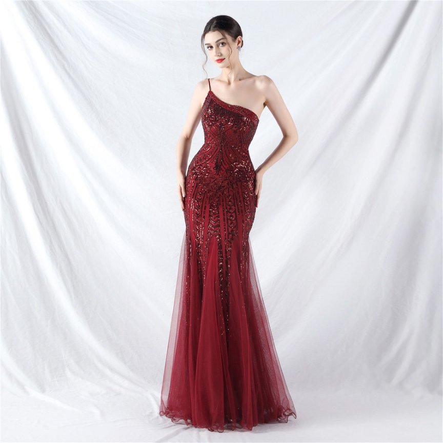 Elegant One-Shoulder Black Sequin Evening Gown with Tulle Skirt (Maroon) (Made To Order)