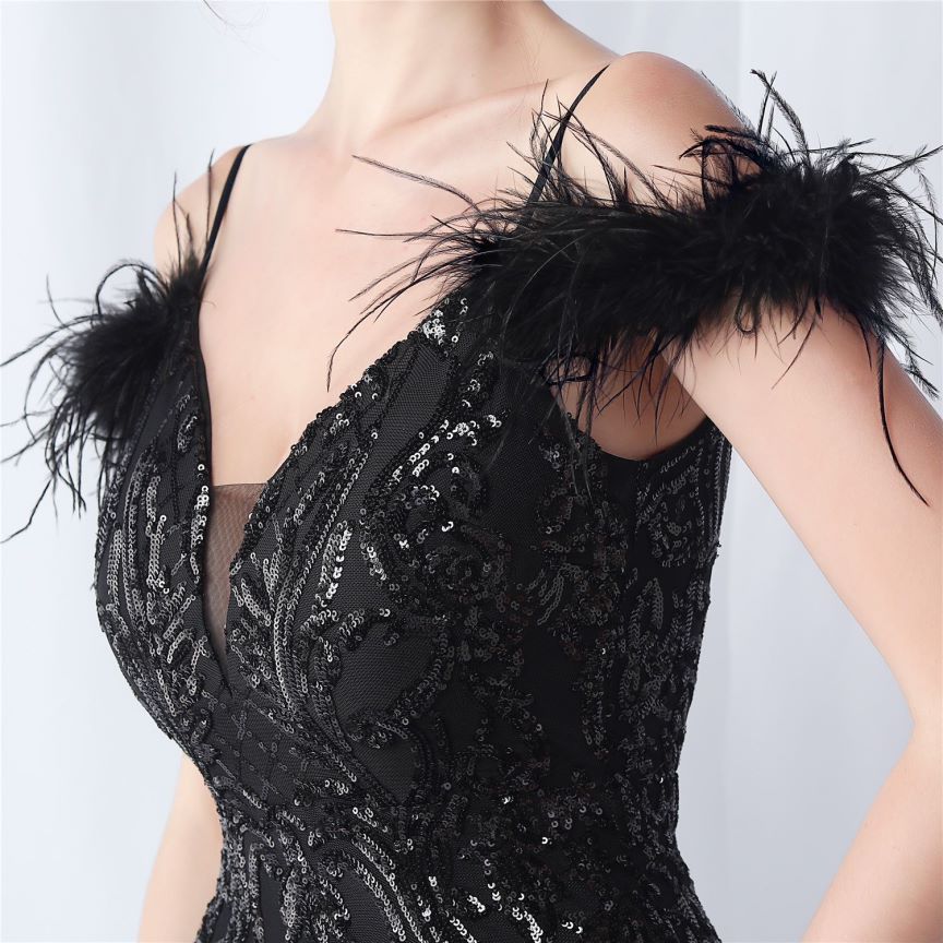 Cold Shoulder Feather Sequins Evening Gown (Black) (Made To Order)