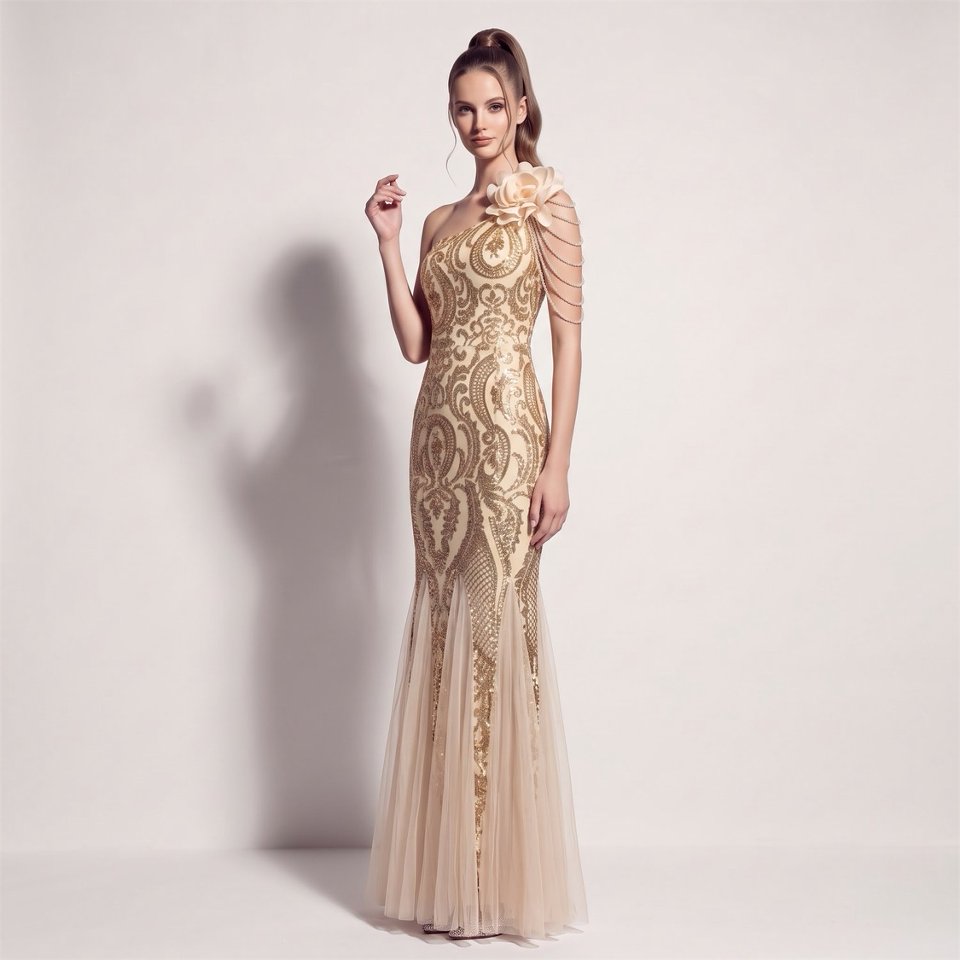 One Side Shoulder Flowering with Crystal Beads Evening Gown (Gold) (Made To Order)