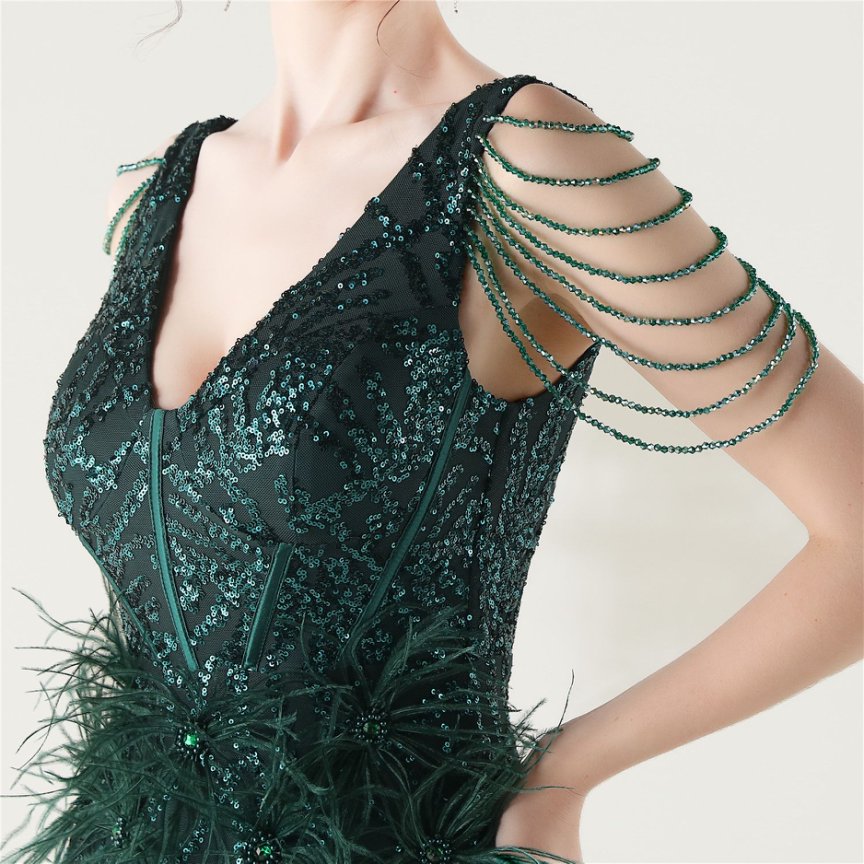 Glamour Sequin Feather Waist & Beaded Shoulder Chains Evening Gown (Green) (Made To Order)
