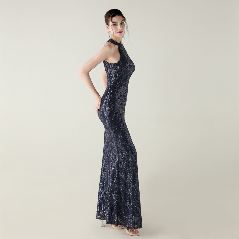 Halter Neck Sequins Backless Fitted Evening Gown (Navy Blue) (Made To Order)