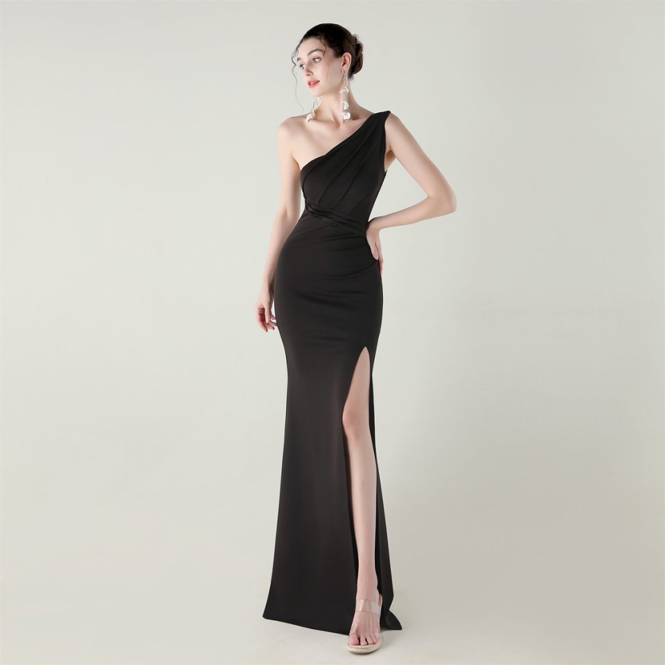 One Side Shoulder Pleated Evening Gown (Black) (Made To Order)