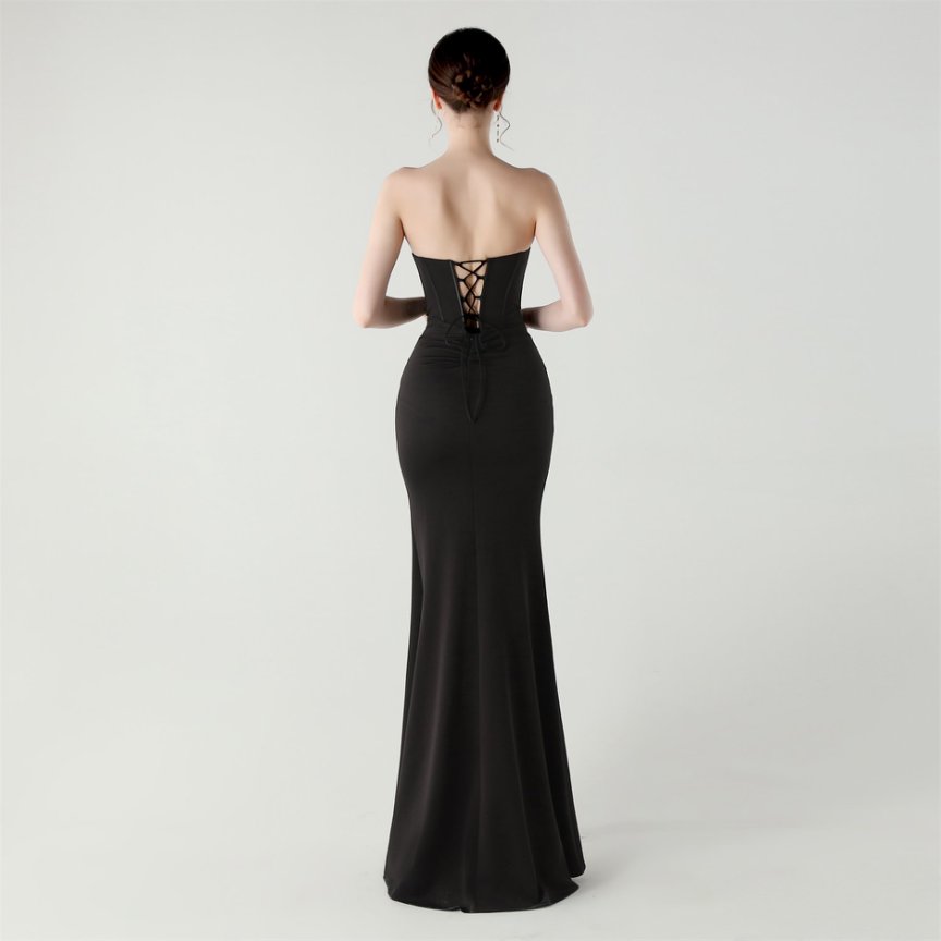 Strapless Rhine Stones Pleated Corset Evening Gown (Black) (Made To Order)