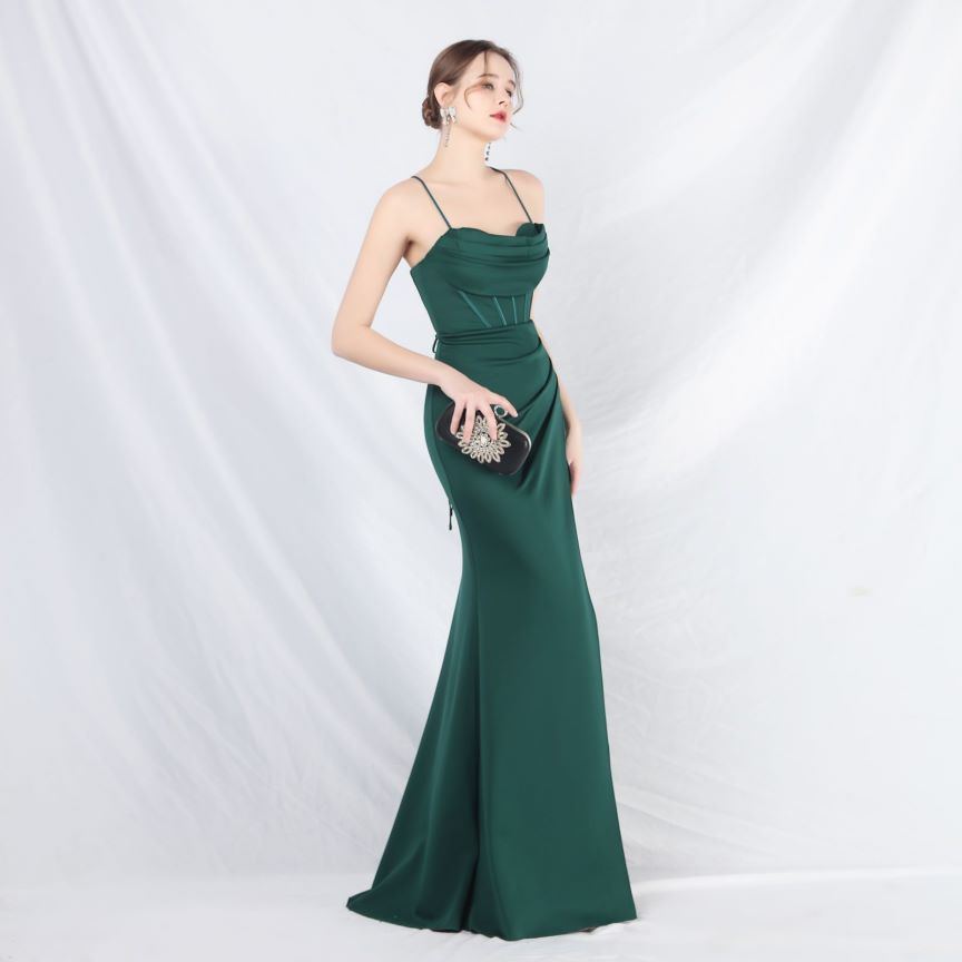 Spaghetti Back Cross Overlap Slit Evening Gown (Made To Order) (Green)
