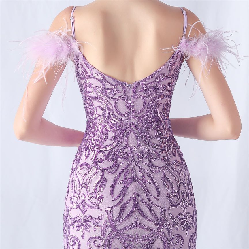 Cold Shoulder Feather Sequins Evening Gown (Purple) (Made To Order)