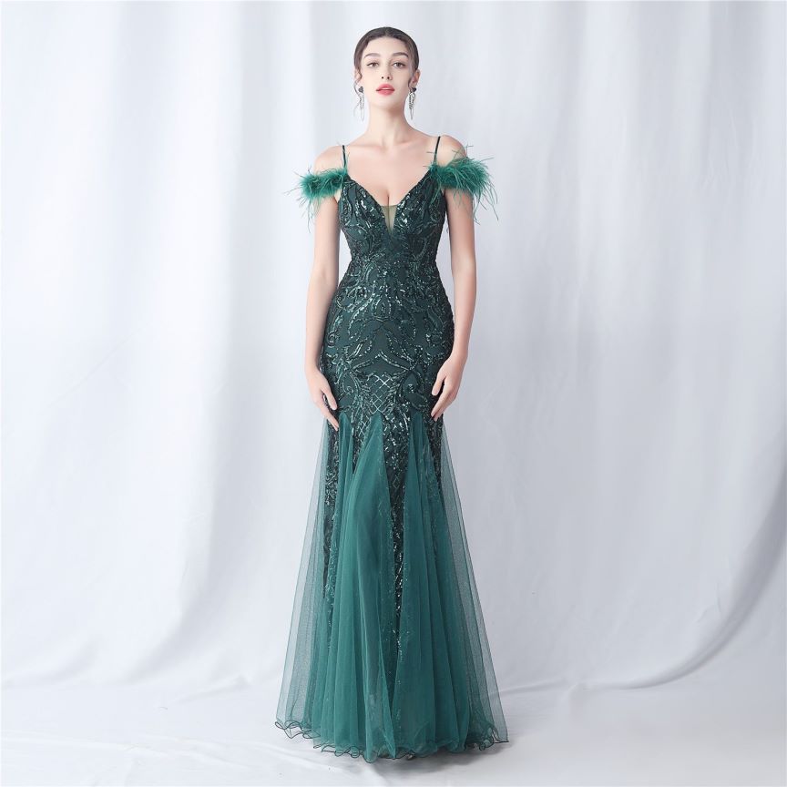 Cold Shoulder Feather Sequins Evening Gown (Green) (Made To Order)