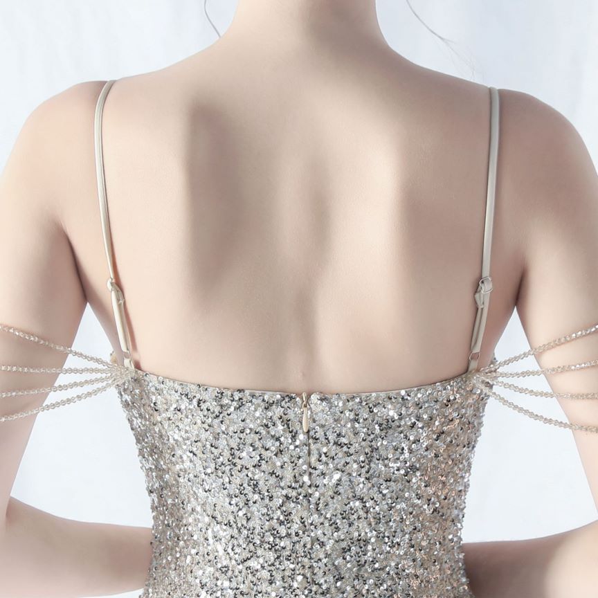 Spaghetti Padded Sequins Slit Gown (Silver) (Made To Order)