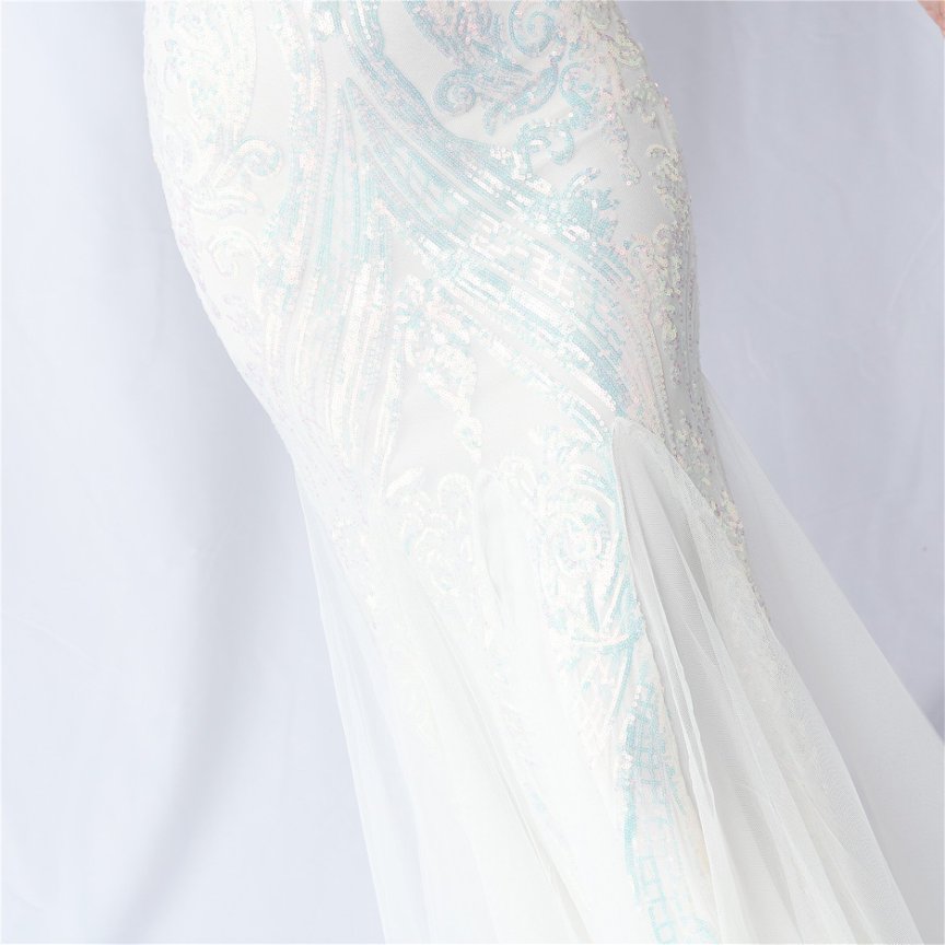 Strapless Sequins Frills Evening Gown (White) (Made To Order)