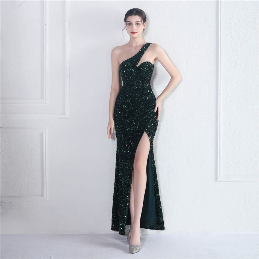 One Side Shoulder Sequins with Overlap Slit Evening Gowns (Green) (Made To Order)