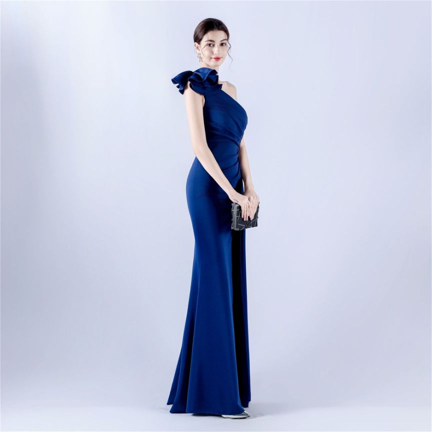 Gorgeous One Side Shoulder Evening Gown (Navy Blue) (Made To Order)