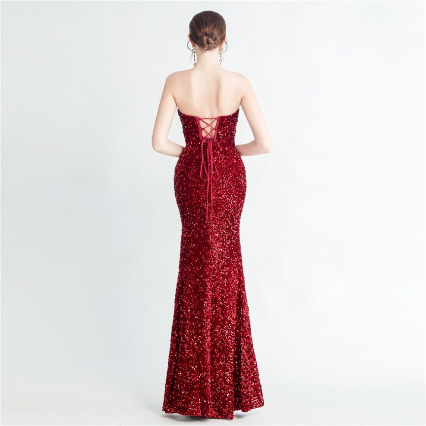 Strapless Corset Sequins with High Slit (Red) (Made To Order)