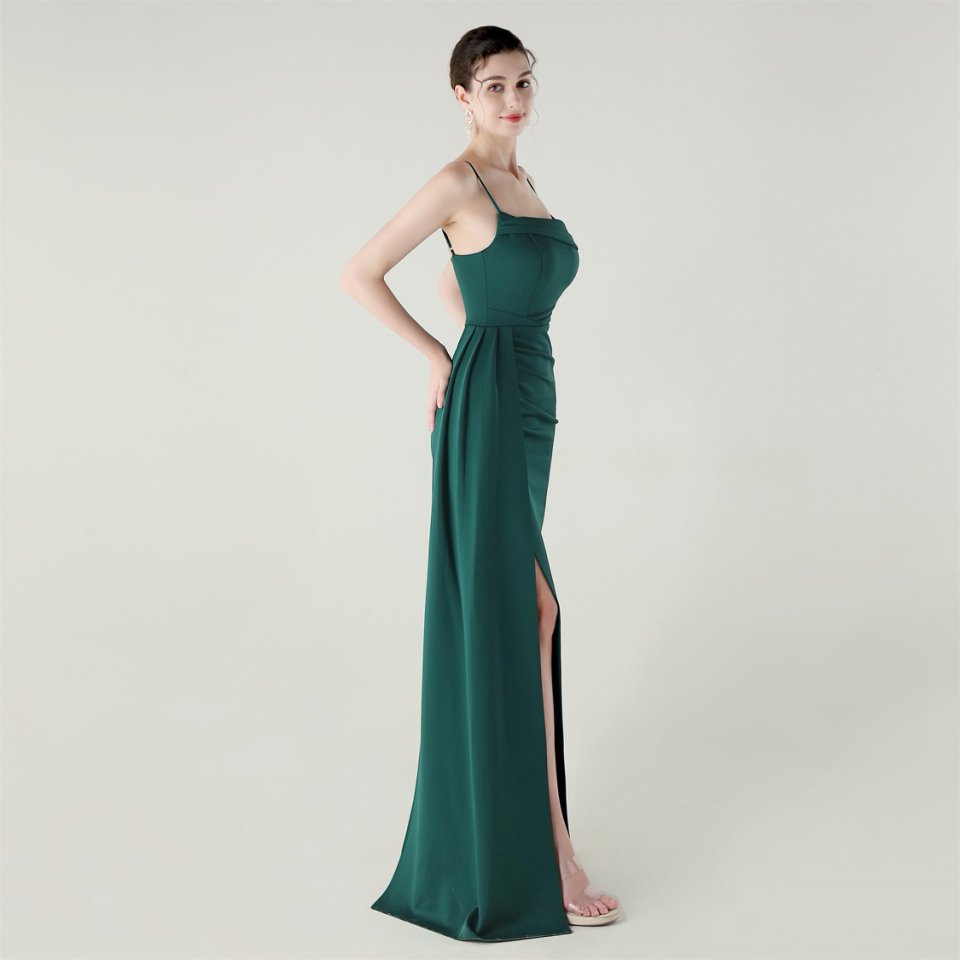 Spaghetti Pleated Waist Evening Gown (Green) (Made To Order)