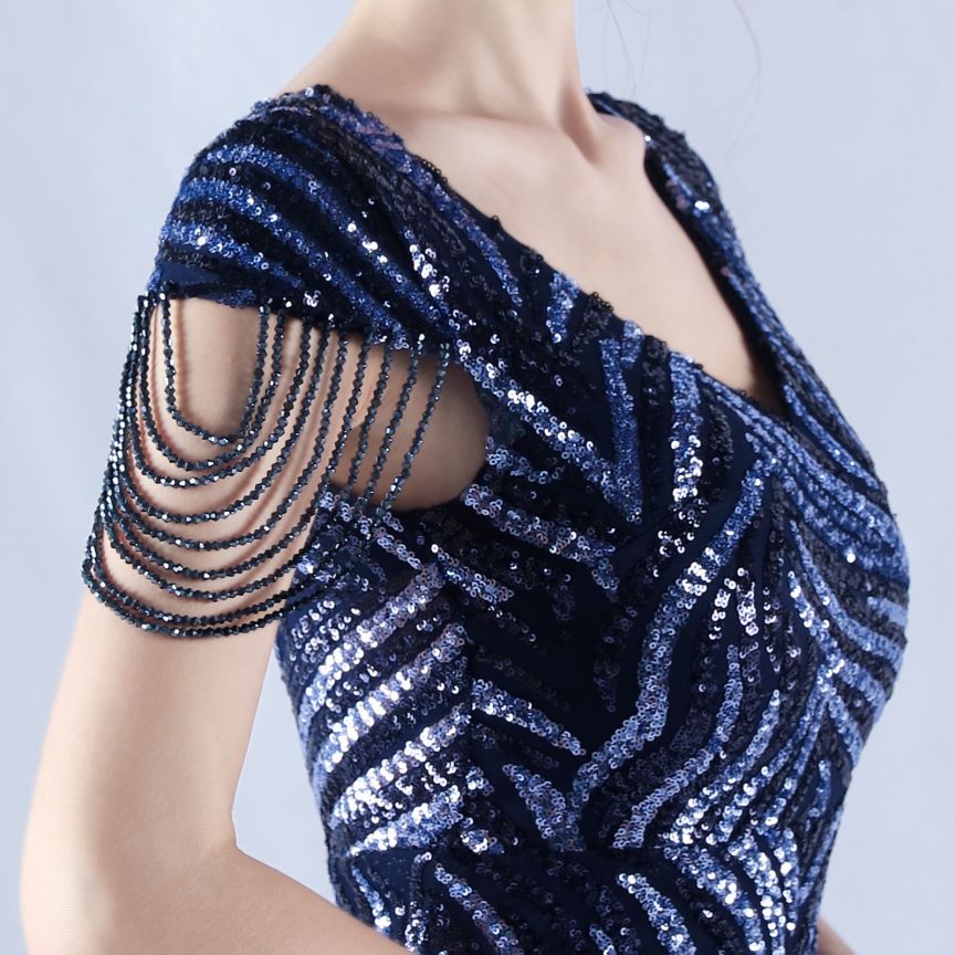 Sleeve Beads Sequins with A Line Evening Gown (Navy Blue) (Made To Order)