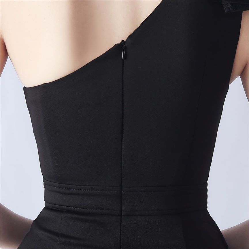 Glamorous One Side Shoulder with Overlap Slit Evening Dress (Black) (Made To Order)