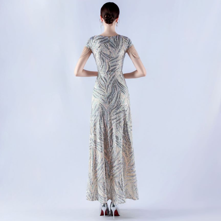 Sleeve Beads Sequins with A Line Evening Gown (Silver) (Made To Order)