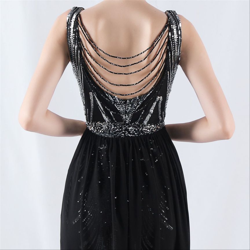 Gorgeous Back Crystal Beads Sequins Mermaid Cape Skirt Gown (Black Silver) (Made To Order)