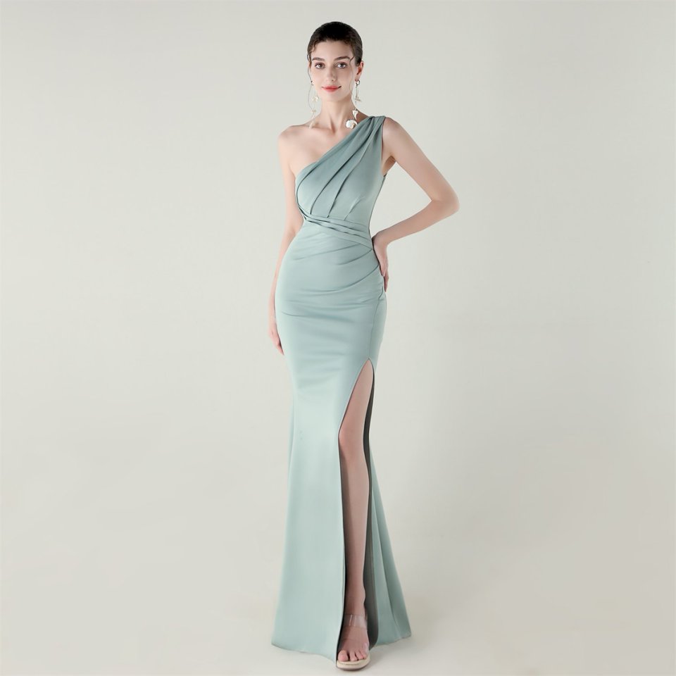 One Side Shoulder Pleated Evening Gown (Lake) (Made To Order)