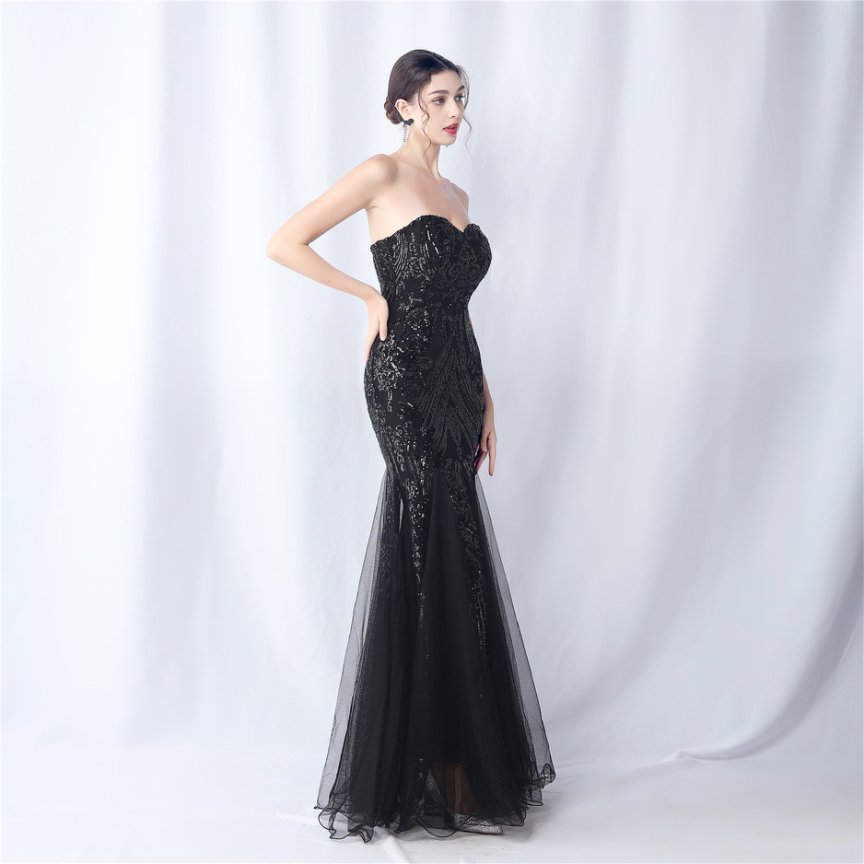 Strapless Sequins Frills Evening Gown (Black) (Made To Order)