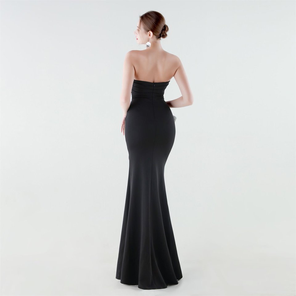 Strapless Pleated Layering Fitting Evening Gown (Black) (Made To Order)