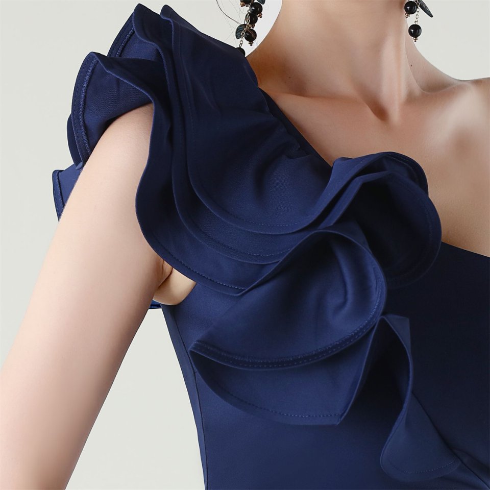 Gorgeous One Side Shoulder Fitting Evening Gown (Navy Blue) (Made To Order)