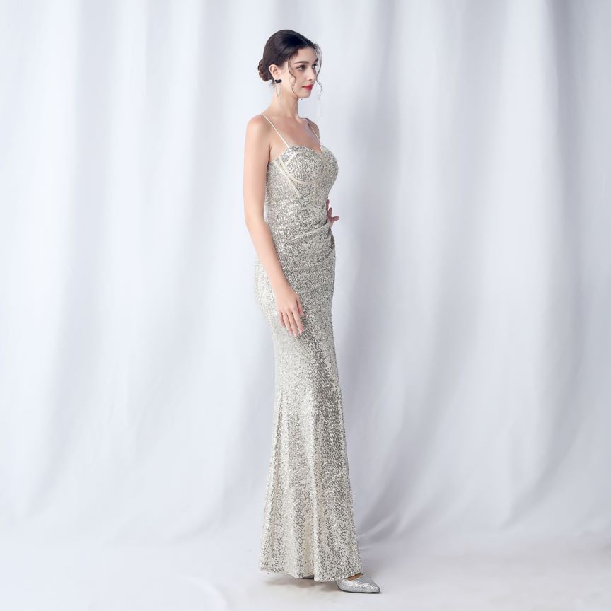 Glamorous Spaghetti Sequins Evening Gown (Silver) (Made To Order)
