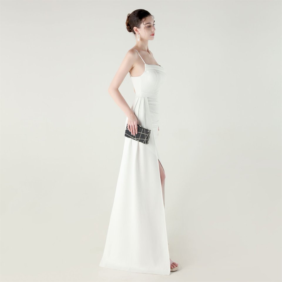 Spaghetti Pleated Waist Evening Gown (White) (Made To Order)
