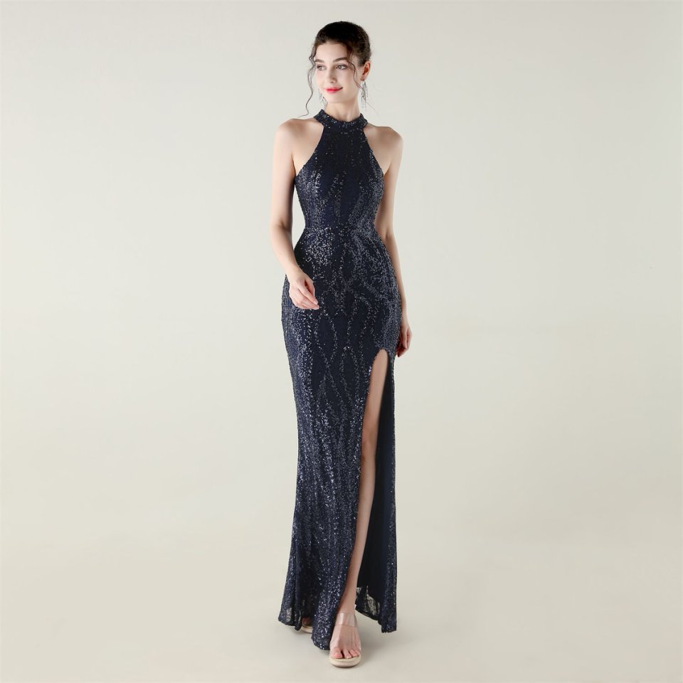 Halter Neck Sequins Backless Fitted Evening Gown (Navy Blue) (Made To Order)