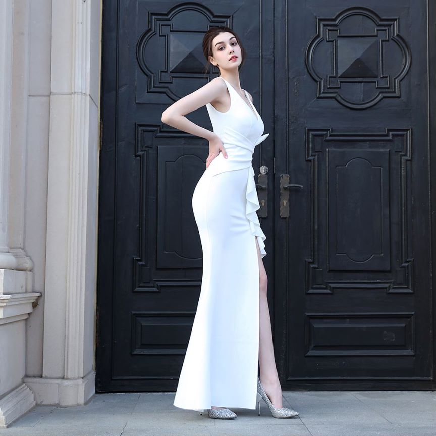 V-Neck Ruffles One Side Fitted Dinner Gown (White) (Made To Order)