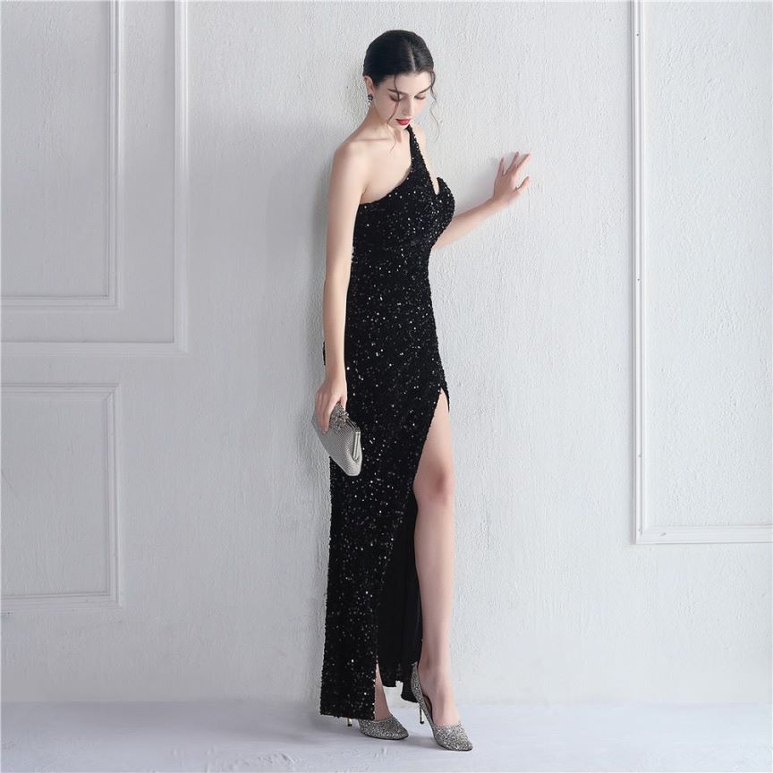 One Side Shoulder Sequins with Overlap Slit Evening Gowns (Black) (Made To Order)