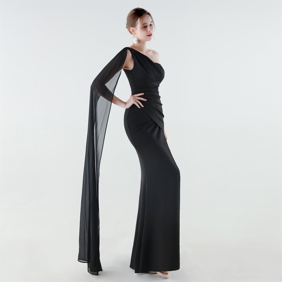 One Side Shoulder with Cape Scarf (Black) (Make To Order)