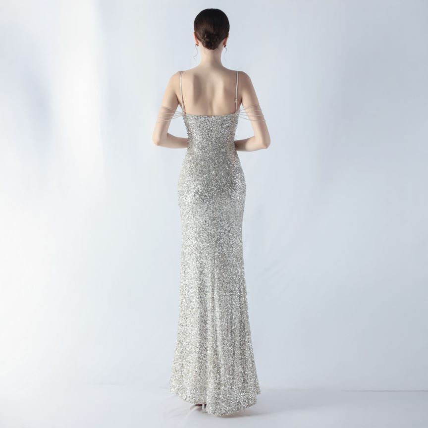 Spaghetti Padded Sequins Slit Gown (Silver) (Made To Order)