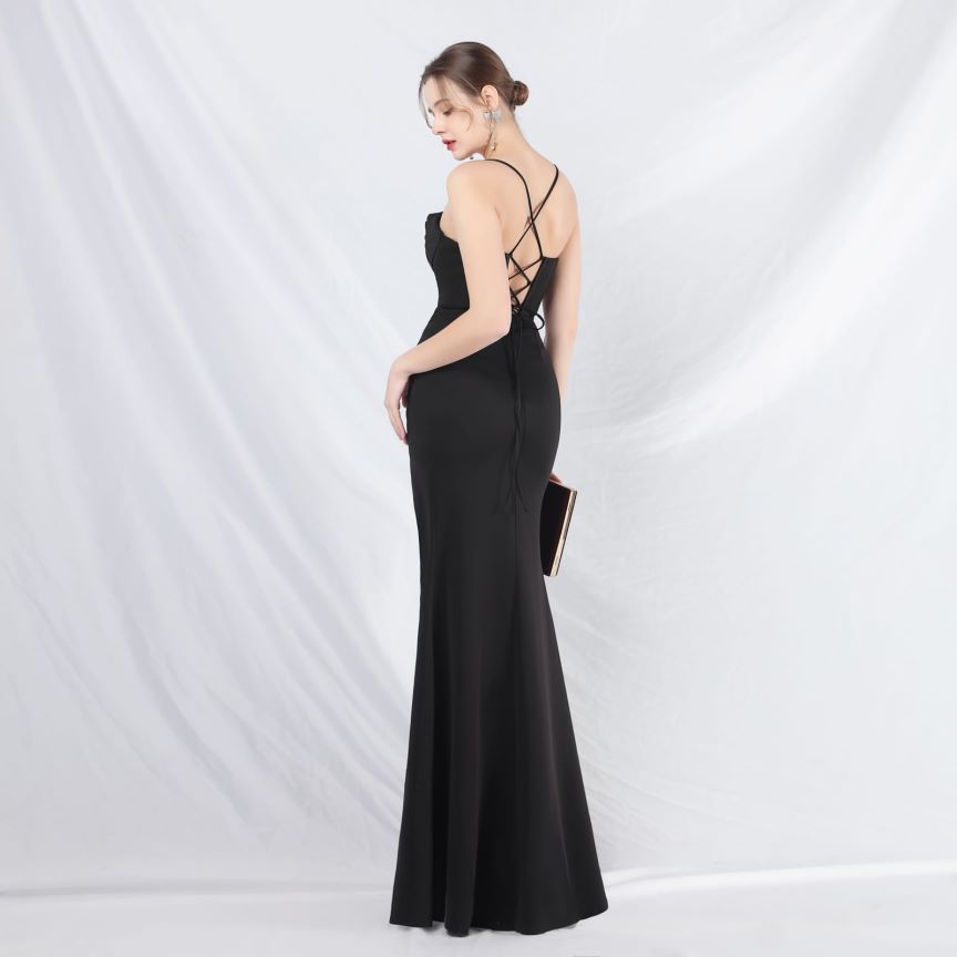 Spaghetti Back Cross Overlap Slit Evening Gown (Made To Order) (Black)